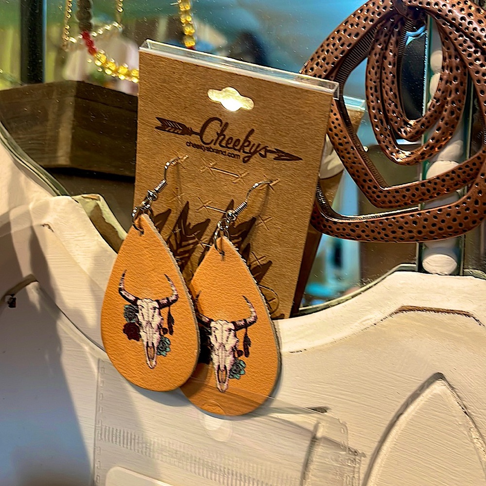 Cheekys Leather Cow Skull Teardrop Earrings